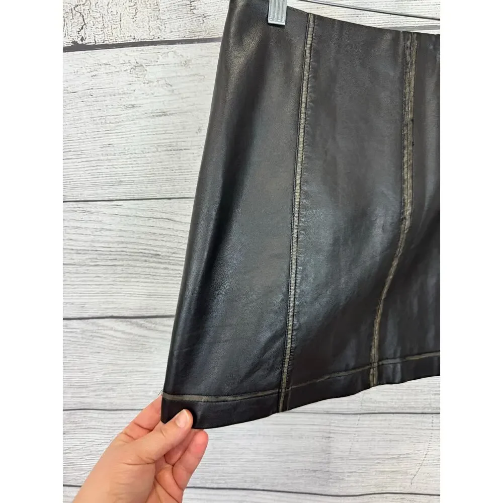 She & Sky Women's Faux Leather Brown Distressed Worn Mini Skirt Size Medium